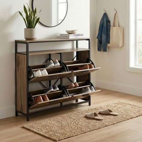 Armoire à Chaussures Mince, avec 3 Abattants, Capacité 16-20 Paires, Anti-poussière, 30 x 99 x 95 cm, Marron et Noir (1/5)