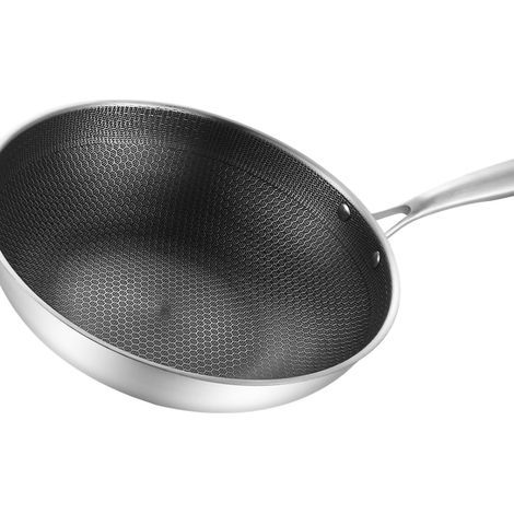 Wok en acier inoxydable double face à 3 couches antiadhésives et facile à nettoyer, 32 cm (sans couvercle ni anses). (1/5)
