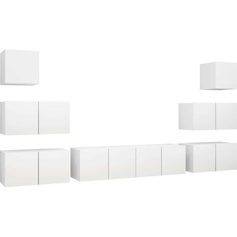 Ensemble Meuble TV Suspendu Mural Rangement Salon Bois d'Ingénierie Blanc 8 Pièces (1/5)