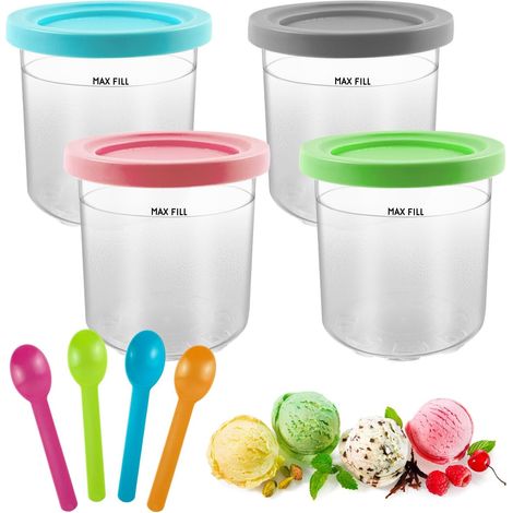 4 vaschette per gelato per Ninja Creamy con 4 cucchiai compatibili con le gelatiere Ninja NC301 NC300 NC299AMZ, senza BPA e lavabili in lavastoviglie, vaschette per gelato con coperchio e cucchiaio