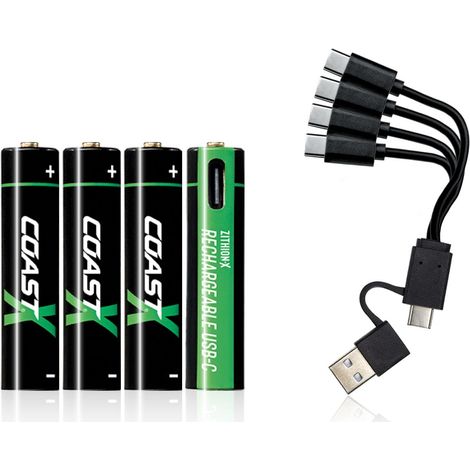Coast Pilas AAA USB-C de Iones de Litio, 1,5 V, 750 mAh, de Larga duración, Carga en 1,3 Horas, Cable de Carga Incluido, 4 Unidades