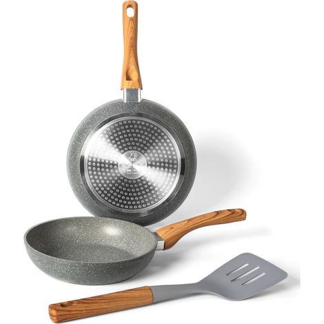 Set 2 Padelle Antiaderente con Spatola Impugnature in Legno per Tutti i Fornelli