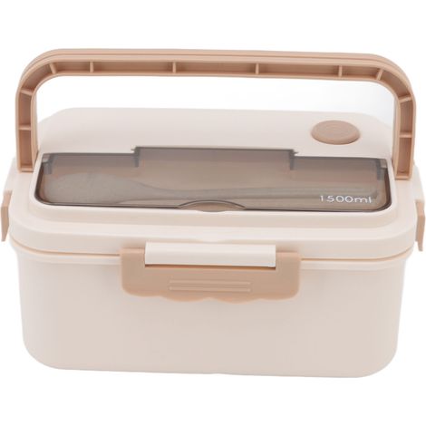 Boîte à lunch de 1500 ml en plastique résistant à la chaleur, de type bento, avec baguettes et cuillère, idéale pour les étudiants (beige). (1/5)