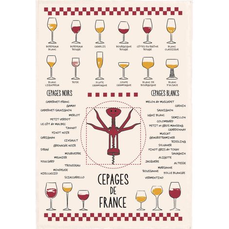 Torchon de Cuisine pour Vaisselle Motif Vins et Cépages Coton Écru 50 x 70 cm 220 g/m² - PANGIVO