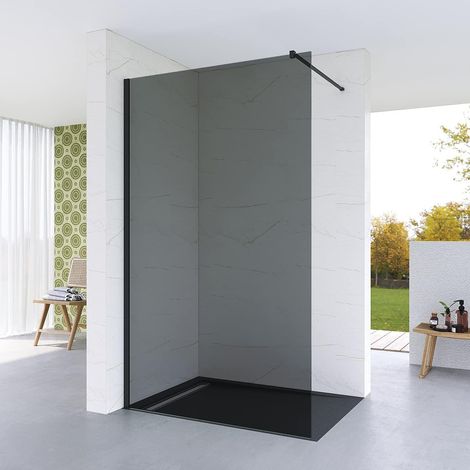 Walk-In Duschwand Duschabtrennung graues Glas 8 mm Rahmenlose Walkin Dusche aus Sicherheitsglas, Höhe 200 cm, modernes Design mit schwarzer Stabilisationsstange (1/5)
