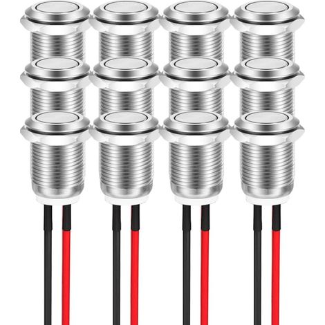 12 pièces 12mm 2A 12V/24V/125V/250V AC Bouton Poussoir Momentané Coque Métallique avec Pré-câblage, Bouton Poussoir Etanche IP65 (Tête Plate) (1/5)