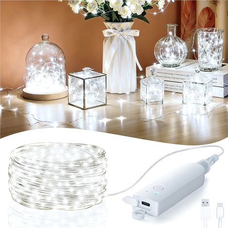Lot de 1 guirlandes lumineuses rechargeables – Minuterie, LED étincelantes – Lumière blanche – Idéales pour chambre, Noël, mariage et fête – Intérieur et extérieur-10 Mètres (1/5)