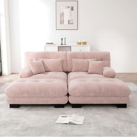 Sofá modular rinconero rosa en chenilla con 2 otomanas, 2 cojines lumbares y 2 cojines decorativos (1/5)