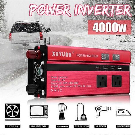 Convertisseur de tension 4000 W pour voiture, à onde sinusoïdale modifiée, CC 12/24 V vers CA 110/220 V, double écran LCD, 4 ports USB, onduleur solaire (1/5)
