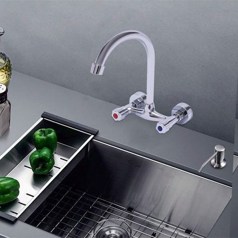 Küchenarmatur Wandmontage Wasserhahn 360° Drehung Mischbatterie Küche Wandarmatur für Kalt und Heiß Wasser