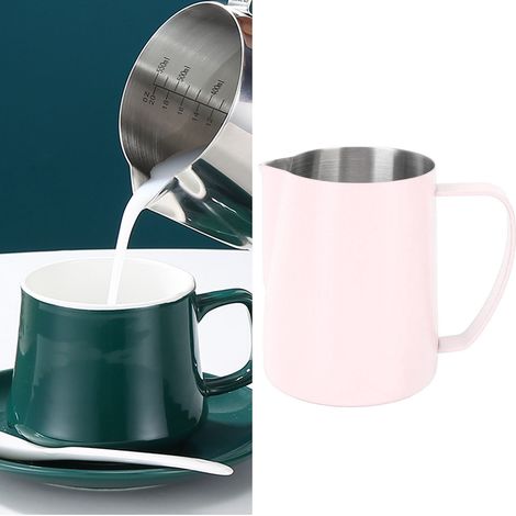 Tasse à latte art rose de 600 ml en acier inoxydable 304, avec marquages intérieurs et bec verseur pointu, idéale pour le lait et le café. (1/5)