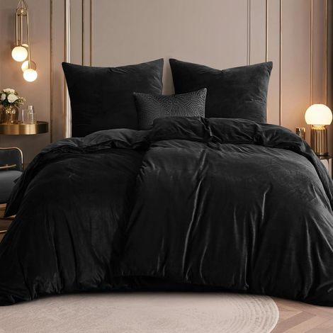 Bettwäsche-Set 135x200cm 4-teilig Schwarz Flanell Kuschelweich mit Reißverschluss