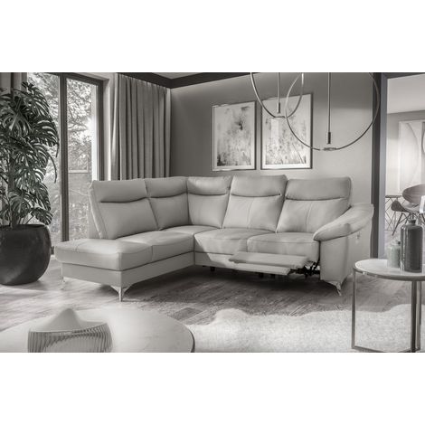 - Canapé d'angle en cuir italien de luxe 5 places LUZERNE, avec relax électrique et coffre, gris clair, angle gauche (1/5)