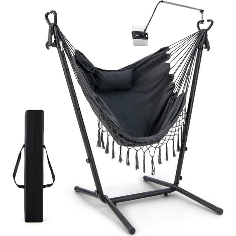 GOPLUS Hamac avec Cadre en Métal et Siège en Couton,Fauteuil Suspendu à Hauteur Réglable avec Support pour Téléphone Portable (1/5)