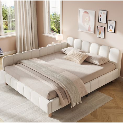 Cama adulto 140x200 cm - Cama doble - Con cabecero inclinado y bolsillos de almacenaje - En terciopelo - Beige - Sin colchón (1/5)