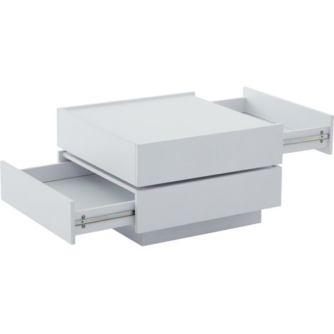 Table basse blanche pivotante 360° avec 2 tiroirs de rangement – 60 x 60 x 38 cm (1/5)