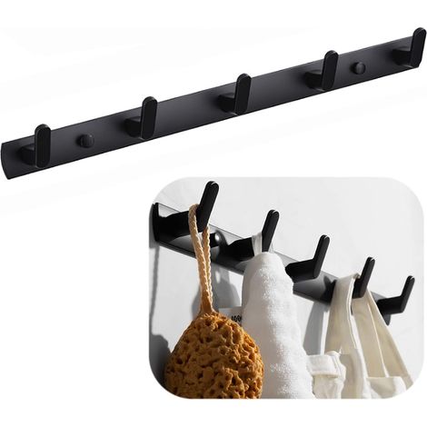 Porte-manteau mural avec 5 crochets de suspension, porte-serviettes, 45 x 3,3 cm, noir moderne à suspendre pour vêtements, entrée, salle de bain (5 crochets) (1/5)