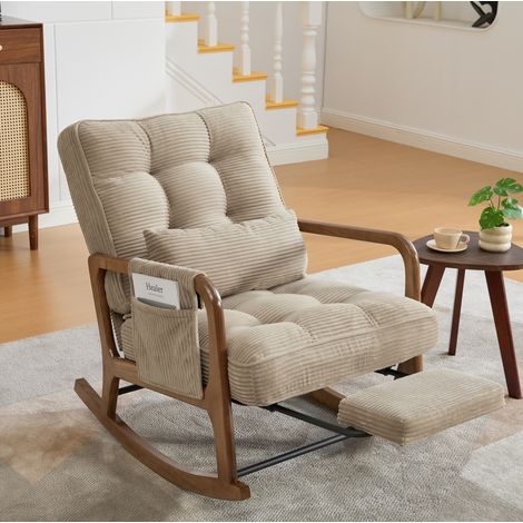 Silla mecedora con reposapiés, respaldo ajustable, bolsillo lateral, corduroy, caqui (1/5)