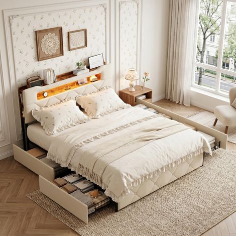 Lit adulte double 140x190 cm avec 4 tiroirs - éclairage USB et bande LED - sommier à lattes - finition velours - Beige