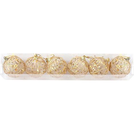 Lot de 6 boules de Noël dorées ajourées et brillantes, décorées d'écailles et d'un cordon, parfaites pour les fêtes. (1/5)