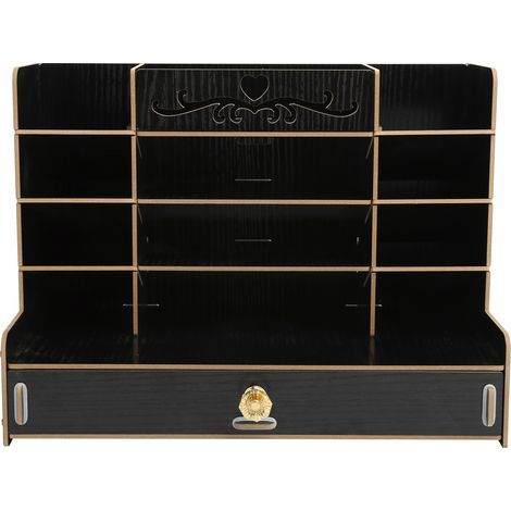 Boîte de rangement en bois, porte-stylo de bureau innovant, conteneur pour fournitures, organiseur de bureau noir (1/5)