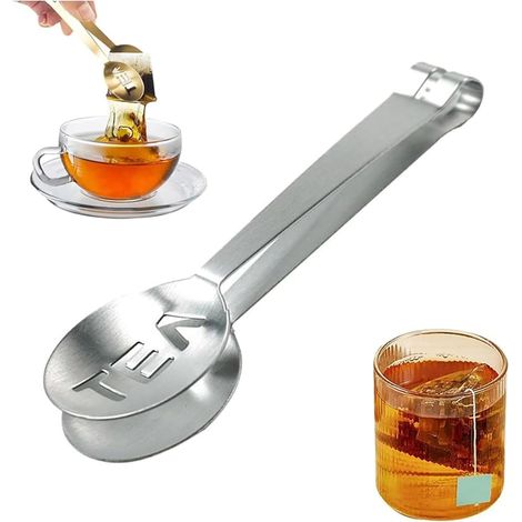 Ein Set aus Edelstahl-Teebeutelclips, Teebeutelhalterclips, Teezange und einem Löffel zum Herausnehmen der Teebeutel. (1/4)