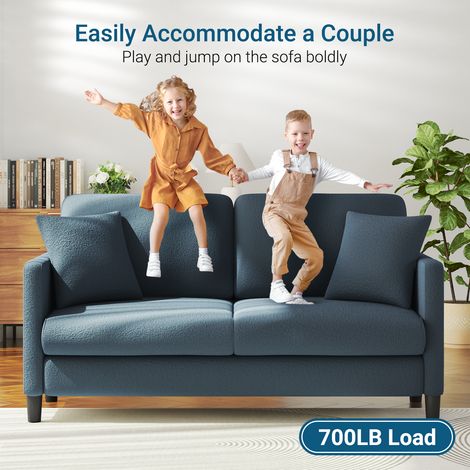 Keepbuying – Canapé droit 2 places en velours teddy – Confort en bois massif – Loveseat avec accoudoirs – Dimensions 165 x 78 x 89 cm – Couleur bleu gris