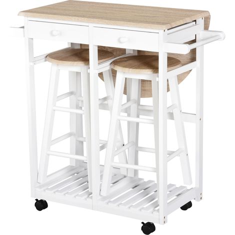 Ensemble Table de Bar Pliable sur roulettes avec étagère et 2 tiroirs + 2 tabourets Bois pin MDF Blanc chêne Clair (1/5)