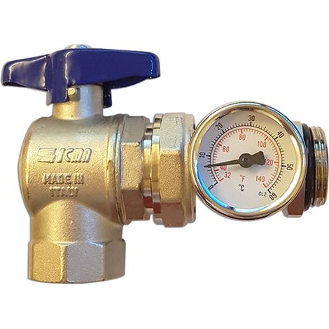 Robinet à boisseau sphérique à bille coudé avec thermomètre et raccord pivotant pour collecteurs de distribution 1"(Bleu) (1/2)