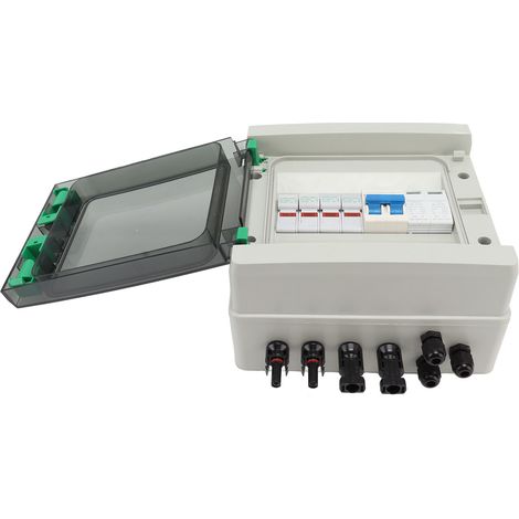 Solar-PV-Kombinationsbox für 2 Strings, Kunststoff, 15-A-Sicherung, Blitzschutz-Leistungsschalter, 2 Eingänge, 1 Ausgang, DC 1000 V, IP67 wasserdicht (1/5)