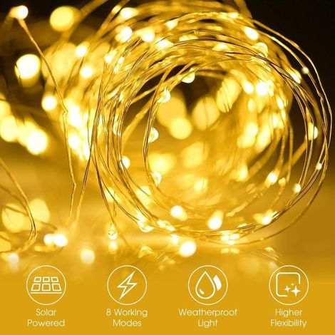 Guirlande Lumineuse Solaire,12M 100LED Guirlande Solaire Lumineuse Extérieur,8 Modes étanche Fil de Cuivre pour la Décoration Chambre Jardin Patio Soirée Fête Noël (Blanc Chaud,2 Pack)