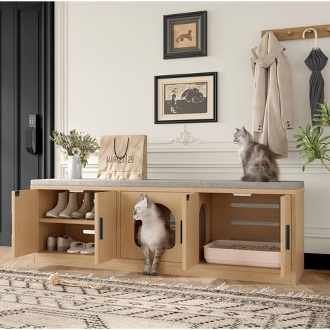 MODFU – Mueble para gato acabado roble 4-en-1: banco, arenero, almacenamiento y rascador, 140x40x45,5 cm – Roble (1/5)