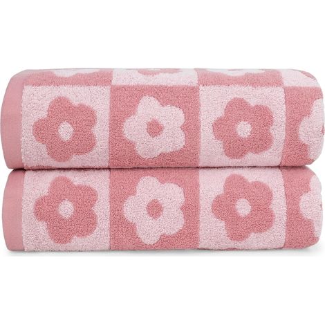 Lot de 2 serviettes de bain de luxe, motif à carreaux floraux, rose, pour femmes et filles, 70 x 140 cm, 100 % coton, absorbantes (1/4)