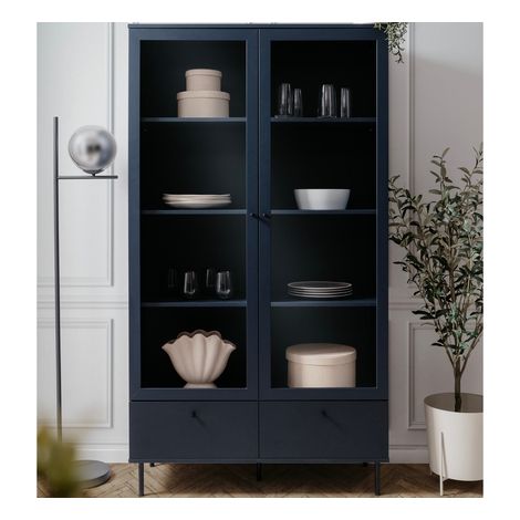 Calicosy – Vitrine 2 portes 2 tiroirs 100x40x183,4 cm – Façade vitrée pour vaisselle – Structure en panneaux de particules mélaminés – Pieds en métal (1/10)