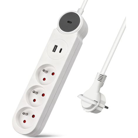 Multiprise 3 Prises et Une Prise USB et Une Prise de Type C Chargeur,Bloc Multiprises avec Interrupteur, Rallonge 3m 230 V avec sécurité Enfant pour Maison, Bureau, Blanc (1/5)