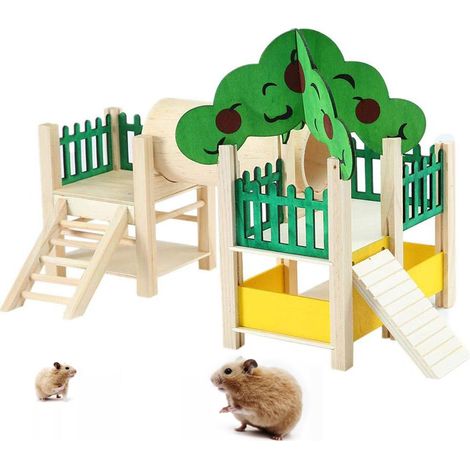 Jouet d'activité en bois pour hamster avec échelle de course, aire de jeux et mangeoire - Accessoire de cage (1/5)