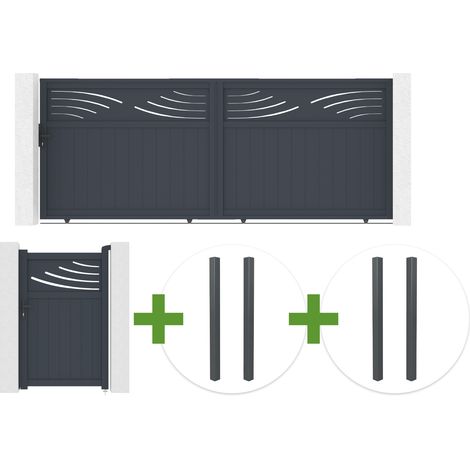Portail coulissant 4m HALTI H.160cm aluminium gris + 4 poteaux ELDA + Portillon 1m HALTI H.160cm aluminium gris (1/5)