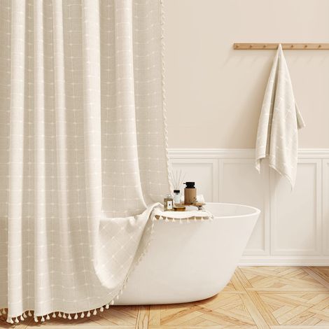 Cortina de ducha de lino estilo bohemio NICOLA con borlas, impermeable para baño, beige (150 x 180 cm)