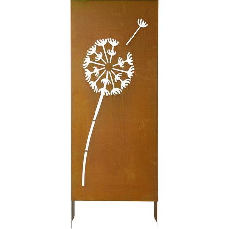 Metall-Sichtschutz mit ausgestanztem Pusteblumenmotiv, 61 x 160 cm, rostbraun mit 20 cm Erdspießen für Garten und Terrasse (1/5)