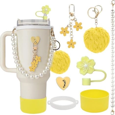 Kit d'accessoires Coupe Stanley avec chaînette à billes, paille en forme de fleur et pompon jaune M