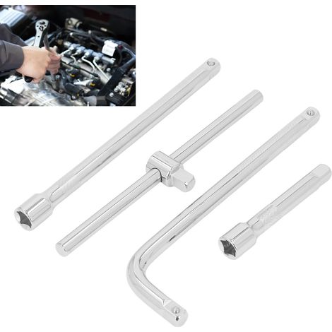 Set aus 4 Verlängerungen mit Antriebsnuss, Schiebestange und T-Griff-Schlüssel, hergestellt aus hochwertigem Chrom-Vanadium-Stahl mit galvanisierter Oberfläche, geeignet für Ratschenantriebe und Kfz-R (1/5)
