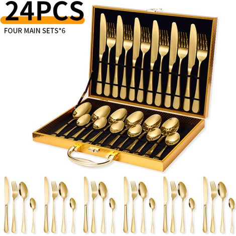 Service de 24 couverts en acier inoxydable – pour 6 personnes – avec coffret – acier inoxydable – doré