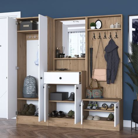 Garderobe Riace, Spiegel inklusive, Kleiderhaken, 8 Ablagen, 179x38x183h cm Weiß (1/5)