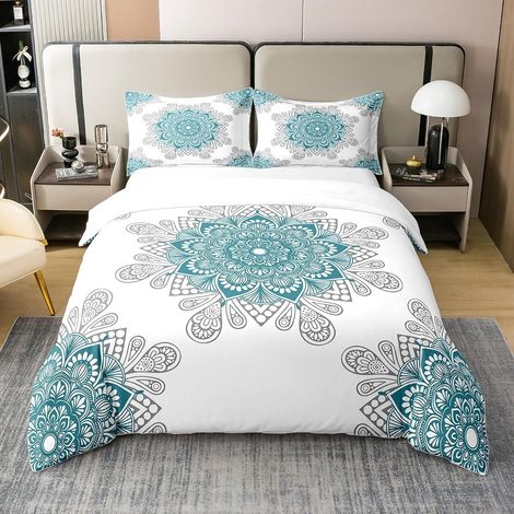 Coton Biologique Chic Fleur Housse de Couette 220x240 Ensemble de Literie Mandalastyle Bohème Paisley Housse de Couette Confortable Bleu Vert Blanc Turquoise Bohème Style Literie Set (1/5)