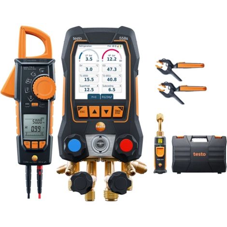 Kit smart vuoto 558s manifold digitale 4 vie con touchscreen, sonde wireless, pinza amperometrica e compatibilità a2l/a3 per impianti hvac/r testo 0564 5584