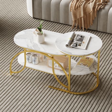 Satztische im Marmorlook, modernes Design mit Metallgestell und Ablagen, 2er Set, modular und multifunktional - Gold
