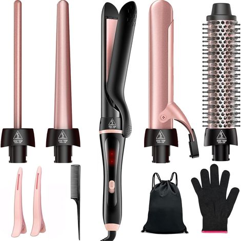 5 in 1 Curling Iron Set with Thermal Brush, Straightener, Interchangeable Ceramic Barrels (0.35"-1.25") Instant Heating for Double Voltage Waves (1/5)