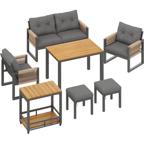 GagaEnsemble de salon de jardin moderne, salon de détente multi-personnes, structure en fer, accoudoirs tressés, coussins inclus, table multifonctionnelle (1/5)
