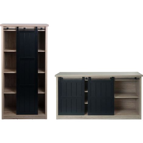 Wohnzimmerset aus Schrank und Sideboard HHG-165, Schiebetüre Staufächer, Holz-Optik Industrial Metall naturfarben