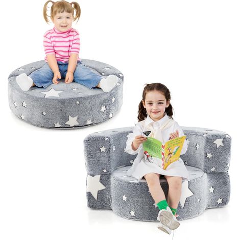 COSTWAY Canapé Convertible Enfant Lumineux avec Motif Étoile, Fauteuil Enfant Convertible en Tissu Flanelle avec Housse Lavable, Canapé Modulaire Phosphorescent pour 3 Ans+ (Gris) (1/5)
